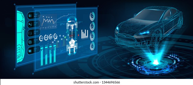 Hologram Auto in HUD UI style. Futuristic car service, scanning and auto data analysis. Car Auto Service, Modern Design, Diagnostic Auto. Virtual Graphical Interface HUD. Vector Car projection