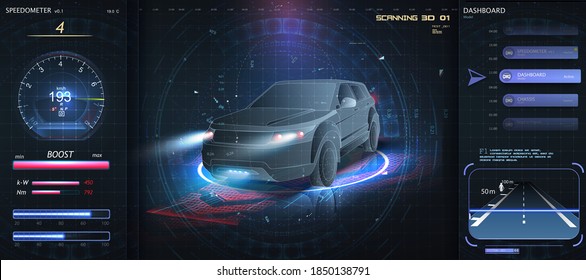 Holograma Auto en el estilo de interfaz de usuario HUD. Servicio de coches futurista, escaneo y análisis automático de datos. Concepto de tablero de coches virtuales. Futurista auto en estilo de popa baja, alambre en línea. diagnósticos en HUD, GUI