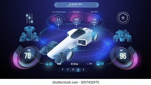 Hologram Auto in HUD UI style. Digital smart dashboard with car and control settings. Smart car