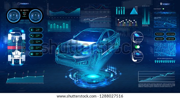 Hologram Auto in\
HUD UI style. Futuristic car service, scanning and auto data\
analysis. Car Auto Service, Modern Design, Diagnostic Auto. Virtual\
Graphical Interface HUD.\
Vector