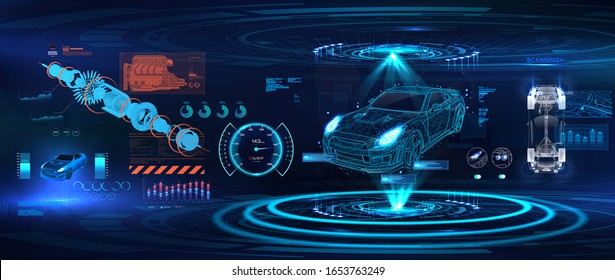 Hologram auto in low poly style, wireframe in line. Modern diagnostics in the car service of the future. Automobile infographic, ui,  analysis and car condition. HUD, GUI, UI style. Vector 