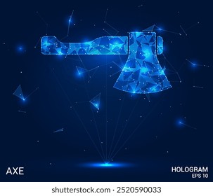 El holograma es un hacha. Un hacha hecha de polígonos, triángulos de puntos y líneas. El hacha es una estructura compuesta de bajo poli. Vector de concepto de Tecnología.