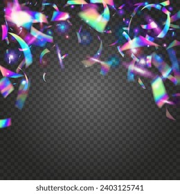 Hologram Background. Glitch Glare. Purple Blur Texture. Glamour Foil. Bright Art. Metal Carnaval Serpentine. Retro Element. Falling Confetti. Violet Hologram Background
