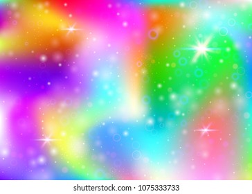 Hologram background with rainbow mesh. Colorful universe banner in princess colors. Fantasy gradient backdrop. Hologram magic background with fairy sparkles, stars and blurs.