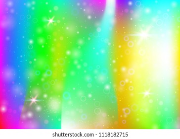 Hologram background with rainbow mesh. Colorful universe banner in princess colors. Fantasy gradient backdrop. Hologram unicorn background with fairy sparkles, stars and blurs.