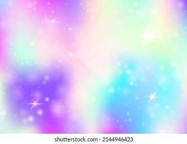 Hologram background with rainbow mesh. Colorful universe banner in princess colors. Fantasy gradient backdrop. Hologram unicorn background with fairy sparkles, stars and blurs.