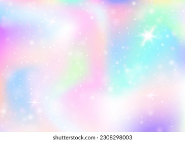 Fondo holograma con malla arco iris. Banner de universo colorido en colores princesas. Fondo degradado de fantasía. Fondo mágico holograma con destellos de hadas, estrellas y borrosas.