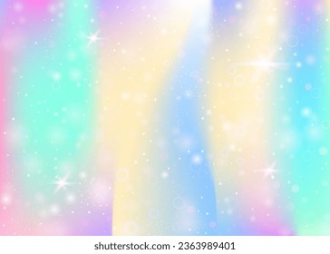 Hologram background with rainbow mesh. Colorful universe banner in princess colors. Fantasy gradient backdrop. Hologram magic background with fairy sparkles, stars and blurs.