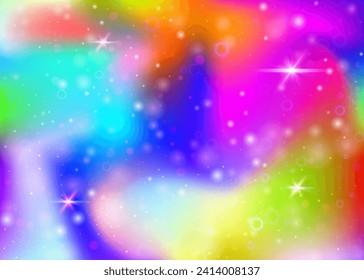 Hologram background with rainbow mesh. Colorful universe banner in princess colors. Fantasy gradient backdrop. Hologram unicorn background with fairy sparkles, stars and blurs.