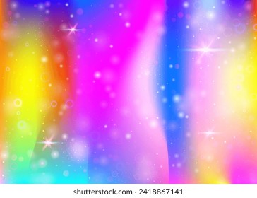 Hologram background with rainbow mesh. Colorful universe banner in princess colors. Fantasy gradient backdrop. Hologram magic background with fairy sparkles, stars and blurs.