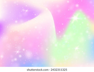 Hologram background with rainbow mesh. Colorful universe banner in princess colors. Fantasy gradient backdrop. Hologram magic background with fairy sparkles, stars and blurs.