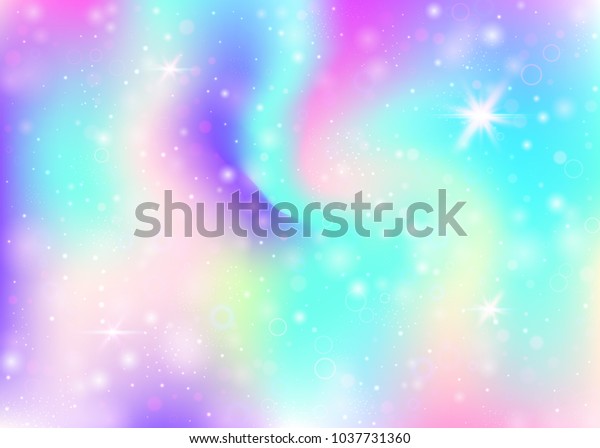 虹のメッシュを持つホログラム背景 プリンセスカラーのカラフルな宇宙バナー 空想のグラデーション背景 妖精のきらめき 星 ぼかしを持つホログラムユニコーンの背景 のベクター画像素材 ロイヤリティフリー
