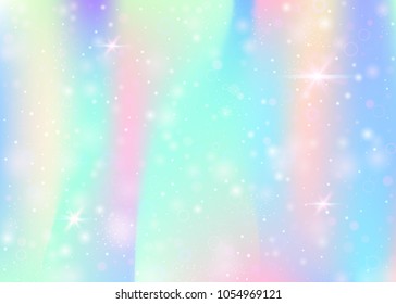 Hologram background with rainbow mesh. Cute universe banner in princess colors. Fantasy gradient backdrop. Hologram unicorn background with fairy sparkles, stars and blurs.