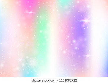 Hologram background with rainbow mesh. Cute universe banner in princess colors. Fantasy gradient backdrop. Hologram unicorn background with fairy sparkles, stars and blurs.
