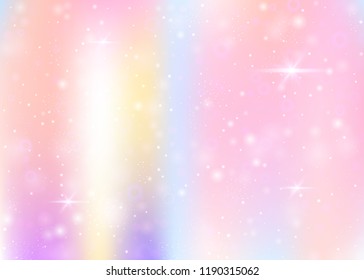 Hologram background with rainbow mesh. Cute universe banner in princess colors. Fantasy gradient backdrop. Hologram unicorn background with fairy sparkles, stars and blurs.