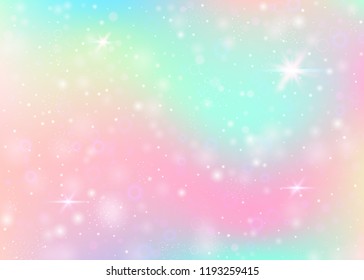 Hologram background with rainbow mesh. Cute universe banner in princess colors. Fantasy gradient backdrop. Hologram magic background with fairy sparkles, stars and blurs.