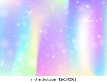 Hologram background with rainbow mesh. Cute universe banner in princess colors. Fantasy gradient backdrop. Hologram magic background with fairy sparkles, stars and blurs.