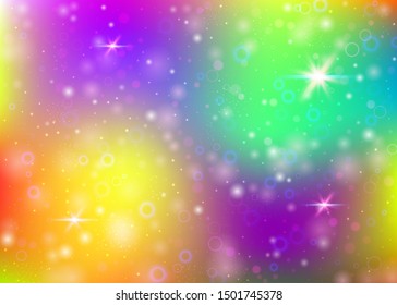 Hologram background with rainbow mesh. Cute universe banner in princess colors. Fantasy gradient backdrop. Hologram magic background with fairy sparkles, stars and blurs.