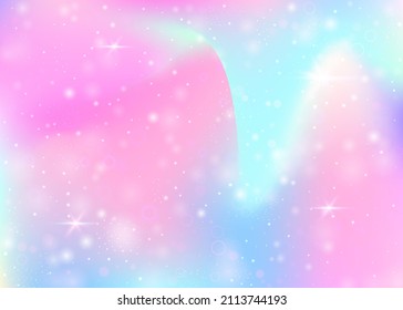 Hologram background with rainbow mesh. Cute universe banner in princess colors. Fantasy gradient backdrop. Hologram unicorn background with fairy sparkles, stars and blurs.