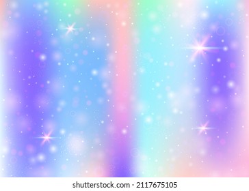 Hologram background with rainbow mesh. Cute universe banner in princess colors. Fantasy gradient backdrop. Hologram magic background with fairy sparkles, stars and blurs.