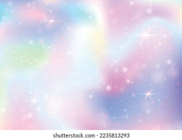Hologramm Hintergrund mit Regenbogenmaschen. Frische Universum-Banner in Prinzessin-Farben. Fantasy-Farbverlauf-Hintergrund. Hologramm magischer Hintergrund mit Feenfunkeln, Sternen und Bluren.