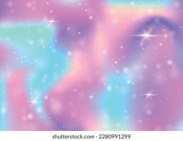 Hologram background with rainbow mesh. Cute universe banner in princess colors. Fantasy gradient backdrop. Hologram magic background with fairy sparkles, stars and blurs.