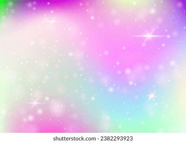 Hologram background with rainbow mesh. Cute universe banner in princess colors. Fantasy gradient backdrop. Hologram magic background with fairy sparkles, stars and blurs.