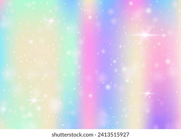 Fondo holograma con malla arco iris. Banner de universo lindo con colores de princesa. Fondo degradado de fantasía. Fondo mágico holograma con destellos de hadas, estrellas y borrosas.
