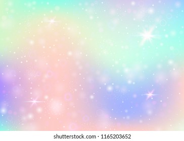 Hologram background with rainbow mesh. Girlie universe banner in princess colors. Fantasy gradient backdrop. Hologram unicorn background with fairy sparkles, stars and blurs.