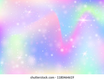 Hologram background with rainbow mesh. Girlie universe banner in princess colors. Fantasy gradient backdrop. Hologram unicorn background with fairy sparkles, stars and blurs.