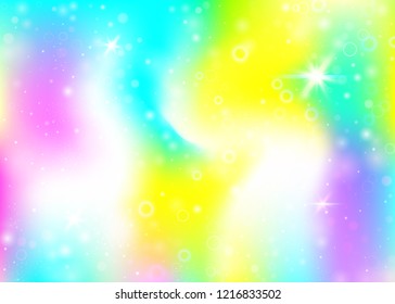 Hologram background with rainbow mesh. Girlie universe banner in princess colors. Fantasy gradient backdrop. Hologram unicorn background with fairy sparkles, stars and blurs.