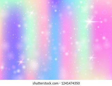 Hologram background with rainbow mesh. Girlie universe banner in princess colors. Fantasy gradient backdrop. Hologram magic background with fairy sparkles, stars and blurs.
