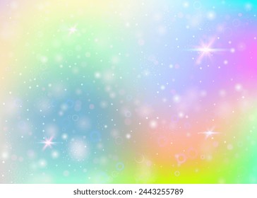 Fondo del holograma con la malla del arco iris. Banner de universo femenino en colores princesa. Fondo de degradado de fantasía. Fondo de unicornio holograma con destellos de hadas, estrellas y borrosos.