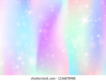 Hologram background with rainbow mesh. Girlish universe banner in princess colors. Fantasy gradient backdrop. Hologram unicorn background with fairy sparkles, stars and blurs.