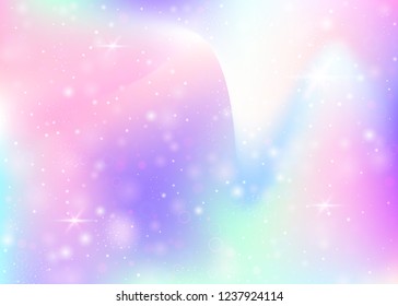 Hologram background with rainbow mesh. Girlish universe banner in princess colors. Fantasy gradient backdrop. Hologram magic background with fairy sparkles, stars and blurs.