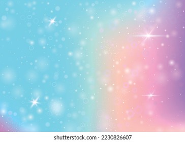 Hologram background with rainbow mesh. Girlish universe banner in princess colors. Fantasy gradient backdrop. Hologram unicorn background with fairy sparkles, stars and blurs.