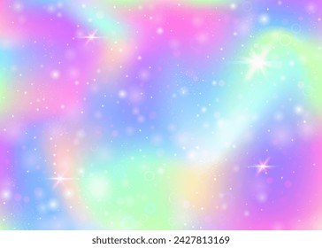 Hologram background with rainbow mesh. Girlish universe banner in princess colors. Fantasy gradient backdrop. Hologram magic background with fairy sparkles, stars and blurs.