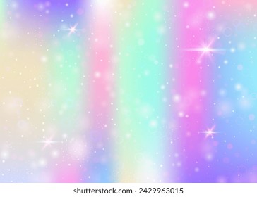 Hologram background with rainbow mesh. Girlish universe banner in princess colors. Fantasy gradient backdrop. Hologram unicorn background with fairy sparkles, stars and blurs.