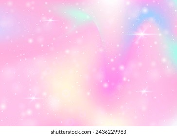 Hologram background with rainbow mesh. Girlish universe banner in princess colors. Fantasy gradient backdrop. Hologram magic background with fairy sparkles, stars and blurs.