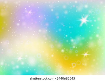 Hologram background with rainbow mesh. Girlish universe banner in princess colors. Fantasy gradient backdrop. Hologram unicorn background with fairy sparkles, stars and blurs.