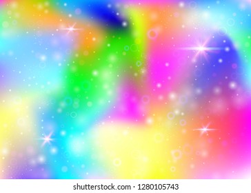Hologram background with rainbow mesh. Kawaii universe banner in princess colors. Fantasy gradient backdrop. Hologram unicorn background with fairy sparkles, stars and blurs.