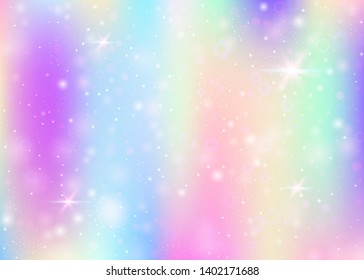 Hologram background with rainbow mesh. Kawaii universe banner in princess colors. Fantasy gradient backdrop. Hologram unicorn background with fairy sparkles, stars and blurs.