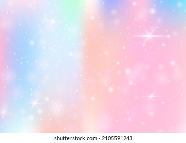 Hologram background with rainbow mesh. Kawaii universe banner in princess colors. Fantasy gradient backdrop. Hologram unicorn background with fairy sparkles, stars and blurs.