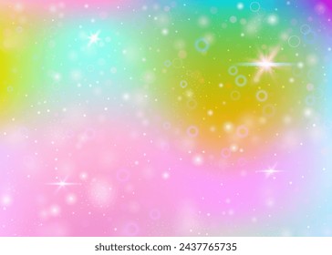 Hologram background with rainbow mesh. Kawaii universe banner in princess colors. Fantasy gradient backdrop. Hologram magic background with fairy sparkles, stars and blurs.