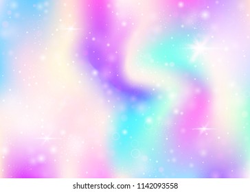 Hologram background with rainbow mesh. Liquid universe banner in princess colors. Fantasy gradient backdrop. Hologram magic background with fairy sparkles, stars and blurs.
