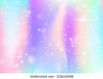 Hologram background with rainbow mesh. Liquid universe banner in princess colors. Fantasy gradient backdrop. Hologram unicorn background with fairy sparkles, stars and blurs.