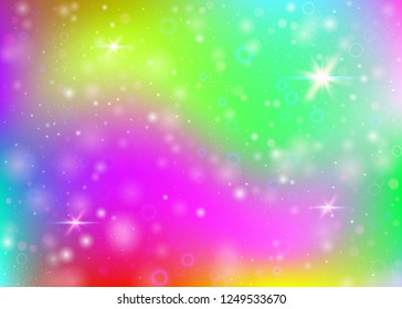 Hologram background with rainbow mesh. Liquid universe banner in princess colors. Fantasy gradient backdrop. Hologram unicorn background with fairy sparkles, stars and blurs.