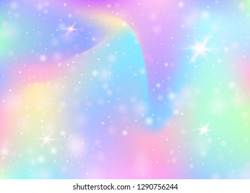 Hologram background with rainbow mesh. Liquid universe banner in princess colors. Fantasy gradient backdrop. Hologram unicorn background with fairy sparkles, stars and blurs.