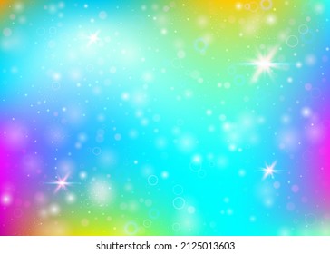 Hologram background with rainbow mesh. Liquid universe banner in princess colors. Fantasy gradient backdrop. Hologram magic background with fairy sparkles, stars and blurs.