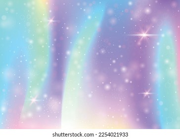 Hologramm Hintergrund mit Regenbogenmaschen. Flüssiger Universum-Banner in Prinzessenfarben. Fantasy-Farbverlauf-Hintergrund. Hologramm, einfarbiger Hintergrund mit Feenfunkeln, Sternen und unscharfen Farbtönen.